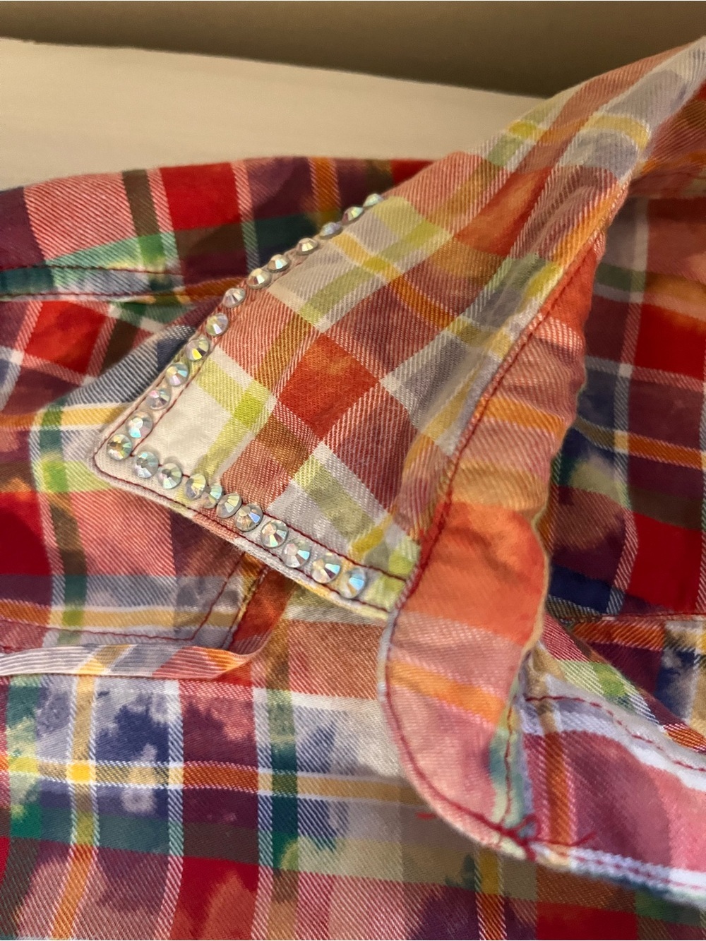 A Rare Bird Women’s Plaid Midi Shirt Dress Bleach Distressing Rhinestones Small - Picture 9 of 9